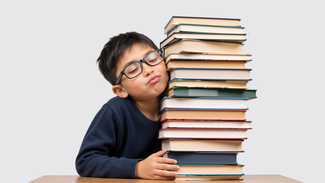 Young boy with glasses hugging a tall stack of books. Happy child loving reading and education. Bookworm concept on gray background