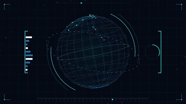 Rotating digital globe with futuristic data visualization interface