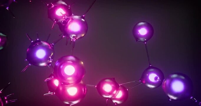Abstract molecular structure with glowing purple spheres floating in dark empty space loop.
