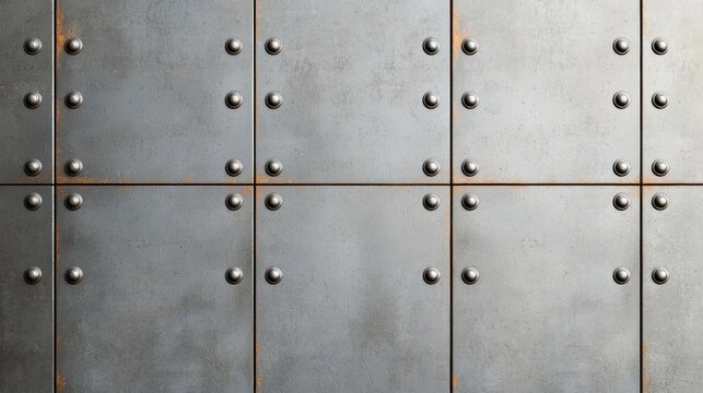 Rusty metal panels with rivets arranged in a grid, showing industrial wear and texture.