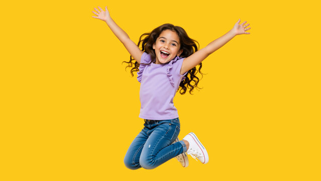 Happy young girl jumping in the air with arms wide open. Energetic child in purple shirt and jeans on yellow background. Concept of childhood joy and freedom