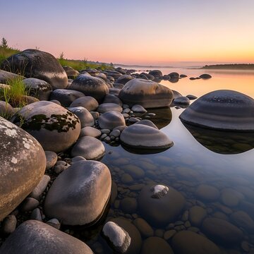 Rocky shoreline with tide pools at sunrise.