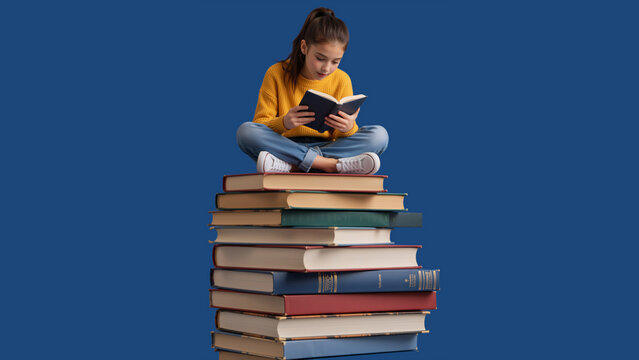 Young girl sitting on a tall stack of books while reading. Female student studying on blue background. Education and knowledge concept