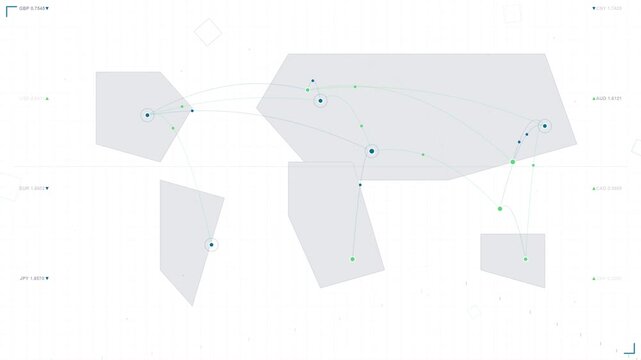 Minimalist geometric world map animation with digital data flow
