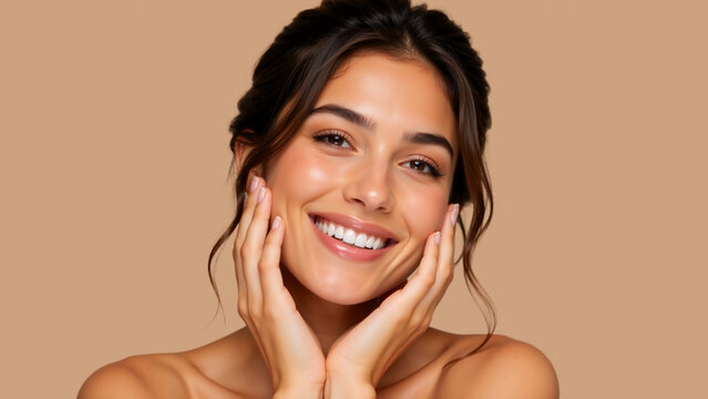 Close up portrait of smiling young woman touching her face. Natural beauty and healthy glowing skin concept on beige background