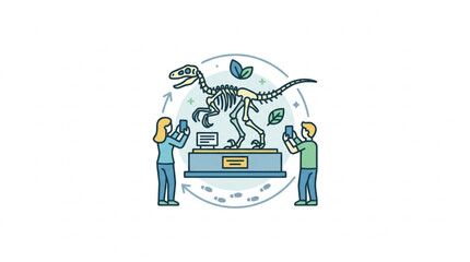 Children examining dinosaur skeleton exhibit in museum. © nendi
