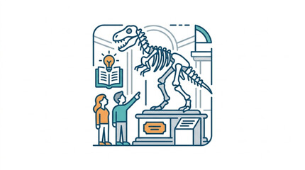 Children observing dinosaur skeleton in museum exhibit. © nendi