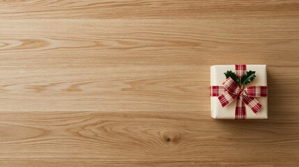 Fototapeta premium Wrapped Christmas Gift Box with Red Ribbon on Wooden Table Top View