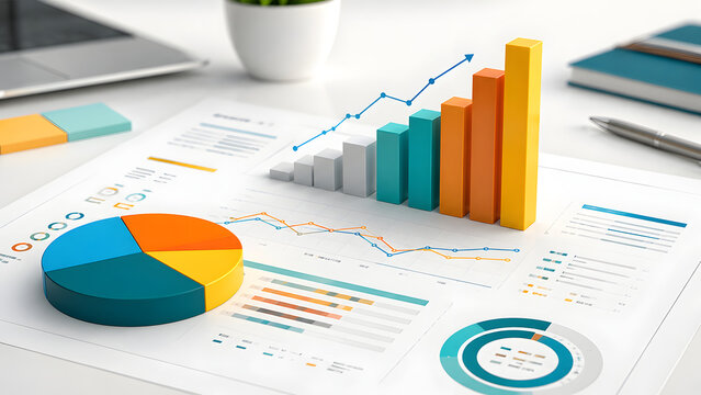 Colorful growing 3d bar chart and pie graph on printed report. Concept of financial accounting audit and corporate business strategy.