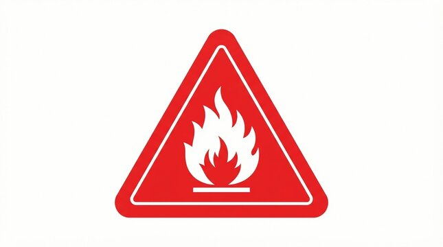 Bold red triangular warning sign featuring a stark white flame icon isolated on a clean white background representing potential fire hazards and essential safety industrial protocols