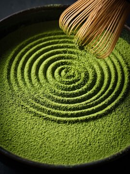 Matcha powder zen ripples traced by a bamboo whisk in a dark bowl