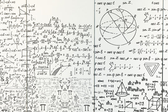 mathematical formulas, equations and geometric diagrams on chalkboard