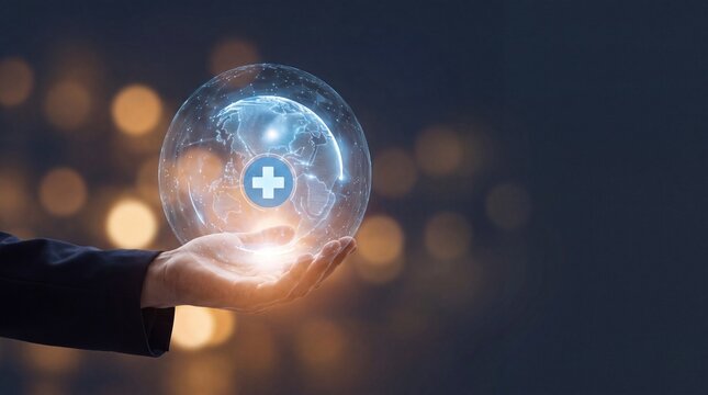 Businessman hand holding a glowing digital globe with a medical cross symbol, representing global healthcare and telemedicine
