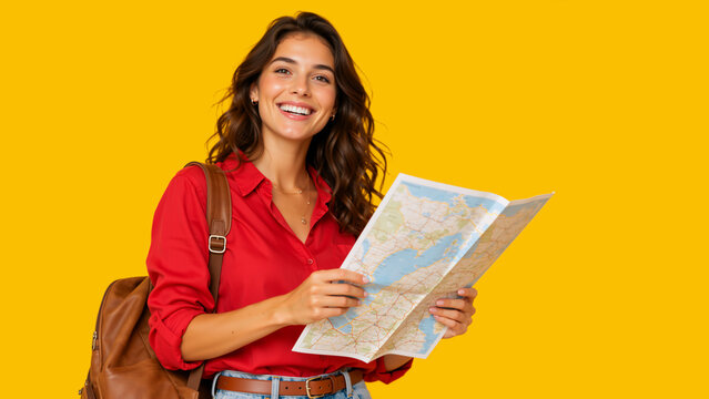 Happy young female tourist holding paper map against yellow background. Smiling woman with backpack planning route. Travel and navigation concept