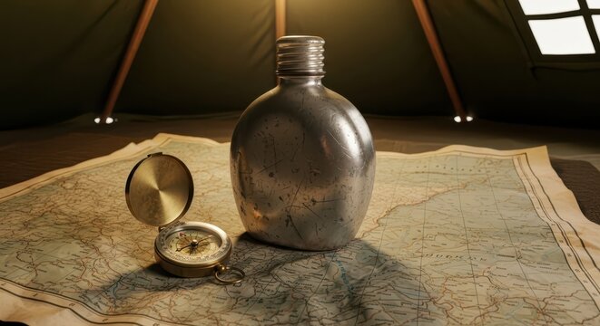 Vintage metal canteen and brass compass on an old map inside a tent, symbolizing adventure and exploration