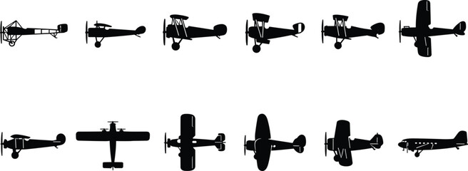 Black vintage airplane silhouette collection, biplane and monoplane icons, aviation history vector art, retro aircraft illustration set bundle © Artist RH