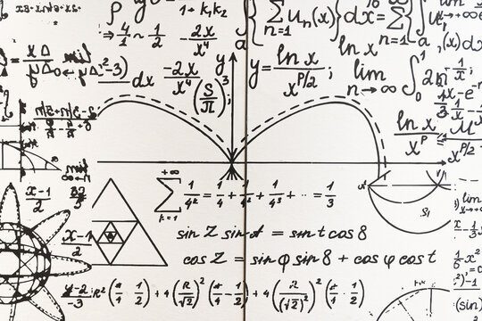mathematical formulas, equations and geometric diagrams on chalkboard