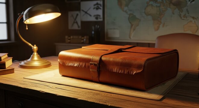 Vintage brown leather briefcase on a wooden desk with a brass desk lamp and a world map in the background