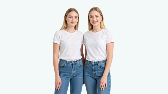 Portrait of twin sisters in matching white t-shirts and blue jeans. Two young blonde women smiling against a white background. Casual fashion mockup