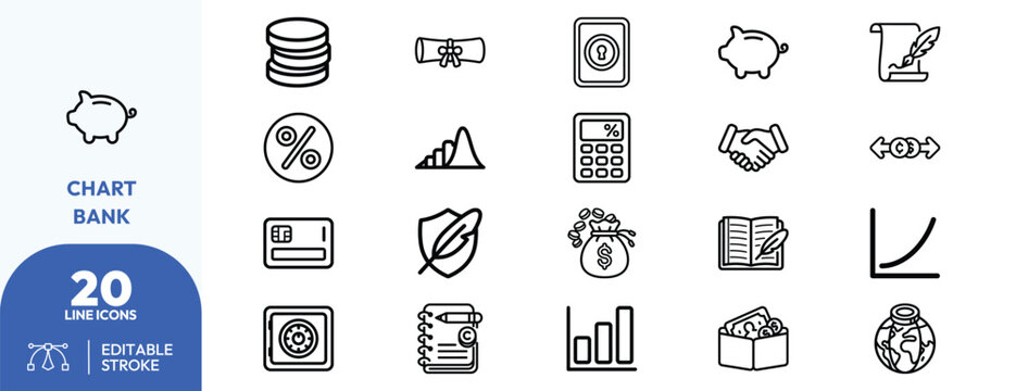 Corporate finance set. charts, documents, currency, handshake, magnifying glass, growth icators, vault, shield, briefcase, and calculator. Editable stroke. Vector illustration.