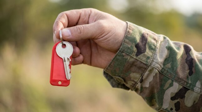 Hand holding a house key. Soldier offering a new home key for real estate investment.