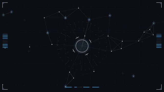 Futuristic digital network interface with glowing nodes and data hubs
