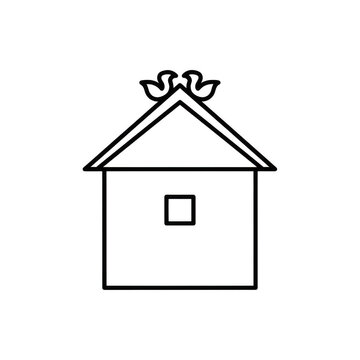A simple line drawing of a house with a bird on the roof isolated on transparent background