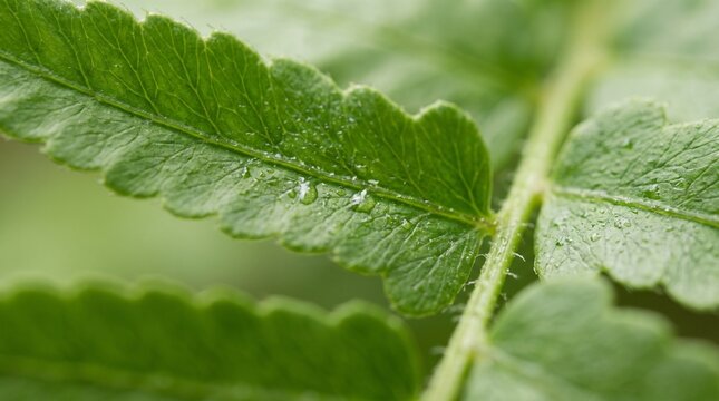 Detailed macro view of green fern leaf vein structure and natural pattern
