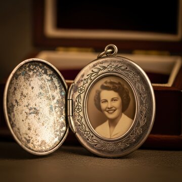 Vintage oval locket open revealing a black and white portrait of a smiling woman, family heirloom in a jewelry box