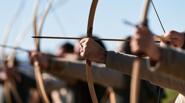 Group of Archers Preparing for Combat During a Battle of Hastings Reenactment Featuring Traditional Longbows and Historical Weapons