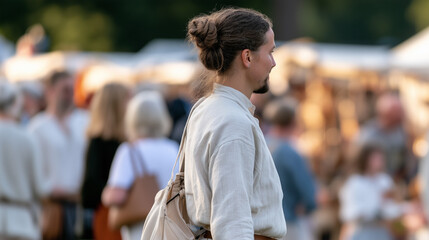 Fototapeta premium Side view of a person wearing historical period clothing attending a Battle of Hastings Reenactment festival event in a public park