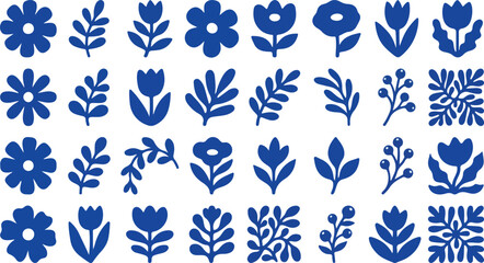 Fototapeta premium Scandinavian Folk Floral Elements Blue Flower and Leaf Botanical Vector Clipart Set