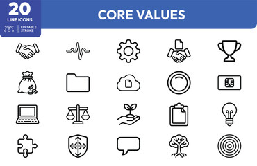 Fototapeta premium Business philosophy set. handshake, trophy, gear, growth, achievement, moneybag, folder, cloud, scales, plant, clipboard, lightbulb, puzzle, shield, speech. Editable stroke. Vector illustration.