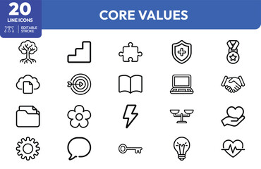 Fototapeta premium Business values set. Tree, puzzle, shield, trophy, handshake, balance, lightbulb, gear, and cloud. Editable stroke. Vector illustration.