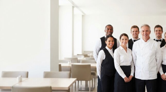 Professional restaurant staff standing together. Diverse hospitality team in a dining room.
