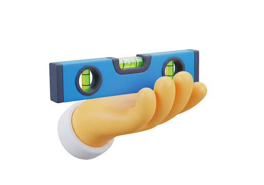 3d icon of a cartoon hand holding a blue spirit level tool, isolated on transparent background