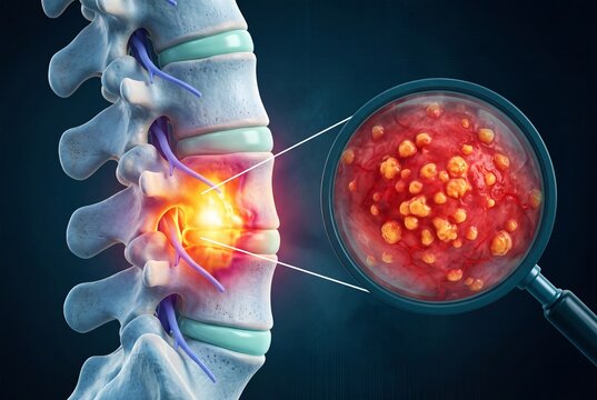 3d medical illustration of a herniated spinal disc with inflammation and nerve compression