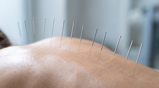 Close-up of acupuncture needles aligned on luminous skin in bright daylight