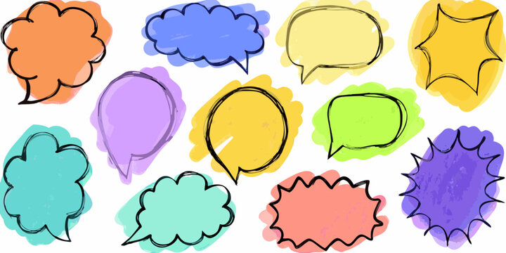 Hand Drawn Speech Bubbles In Colorful Doodle Style Illustration