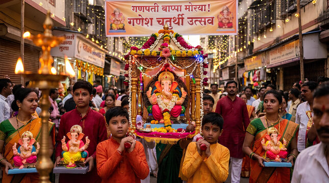 Indian community celebrating Ganesh Chaturthi in street.
