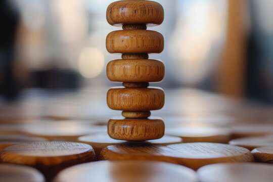 Understanding the risk management process through the lens of wooden discs stacked strategically on a flat surface, showcasing the principle of balancing risks while assessing potential outcomes