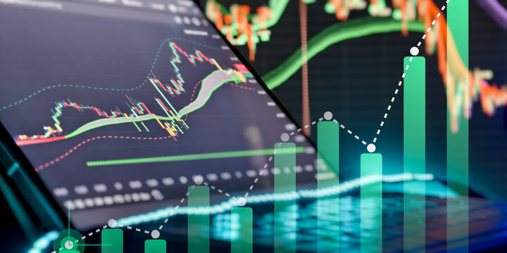 Financial growth and profit concept with bullish green bar charts overlaid on stock market data screen