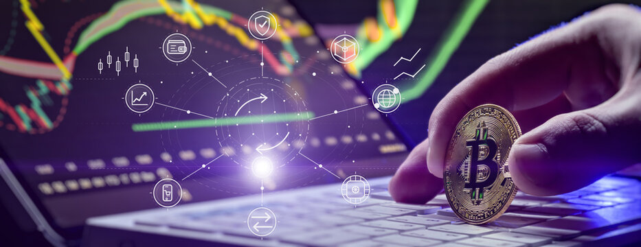 Decentralized finance technology. Investor hand making secure online transaction with Bitcoin and global network icons.