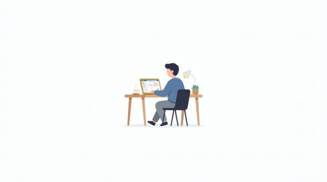 Man working on computer at wooden desk in clean minimalist vector illustration.