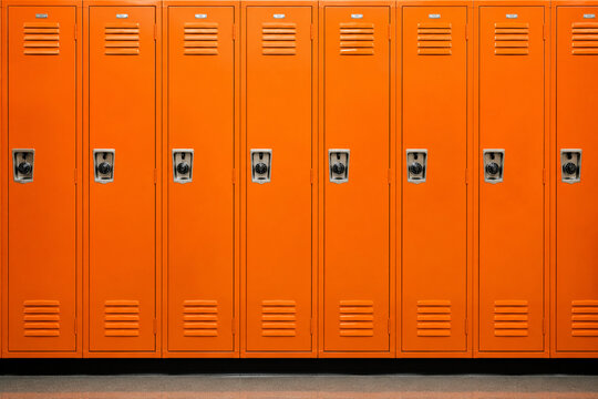 Modern Orange Metal School Lockers with Clean Industrial Design Background