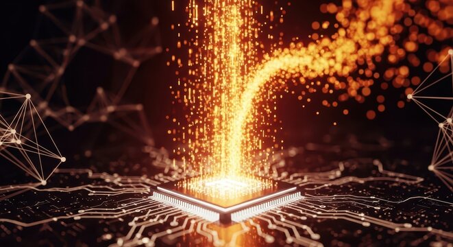 Abstract digital futuristic concept: glowing circuit board with central processing unit emitting energy particles and connected network nodes