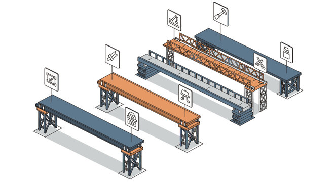 Bridges are displayed in an isometric diagram to illustrate structural engineering and civil infrastructure design concepts.