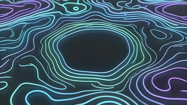 Abstract neon glowing topographic map background with dark center