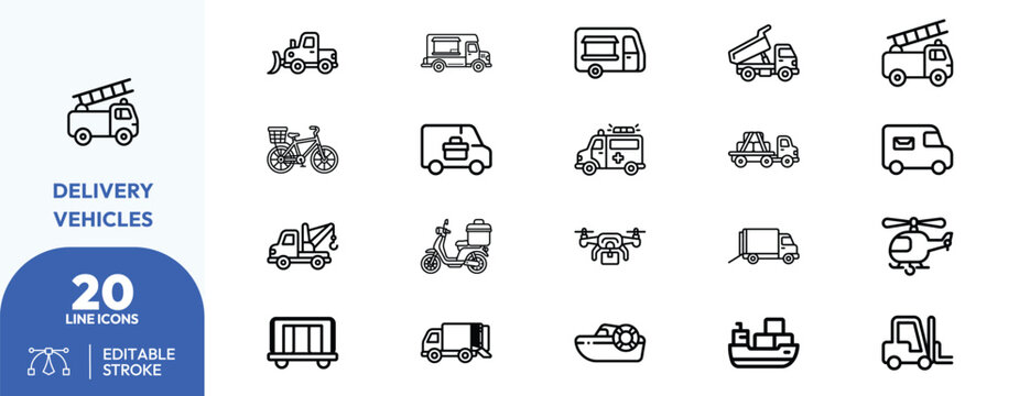 Delivery machinery set. Trucks, vans, fire engines, ambulances, cranes, scooters, bicycles, and helicopters. Editable stroke. Vector illustration.