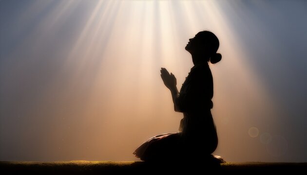 Silhouette of a person kneeling and looking up, expressing hope and faith.